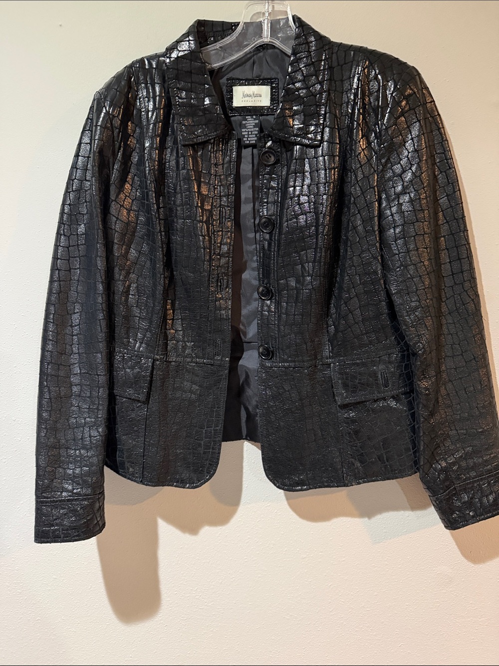 Neiman Marcus Black Croc-Embossed Button-Front Blazer
